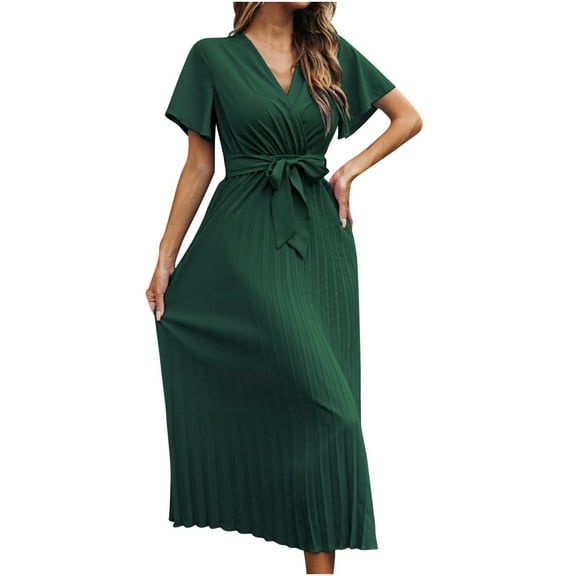Fesfesfes Pleated Chiffon Dress for Women V Neck Short Sleeve Evening Gowns Loose Casual Waist Lace Up Long Dress Semi Formal Wedding Guest Dress