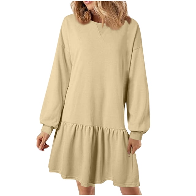 Lovzfmll Robe à Manches Longues et Col Rond pour Femmes, Couleur Unie, Beige, 2TG