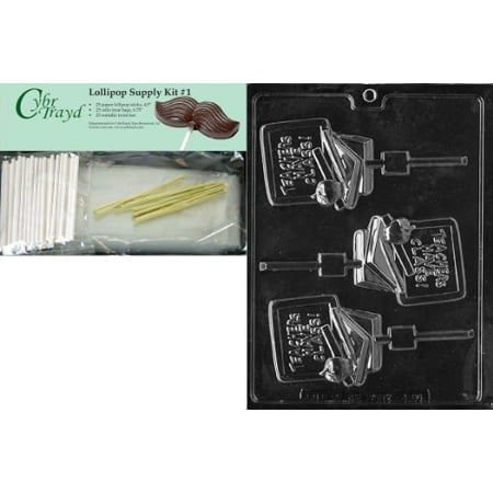 Teacher Bundle - Cybrtrayd Teacher Lolly Jobs Chocolate Candy Mold with Lollipop Supply Bundle of 25 Lollipop Sticks, 25 Cello Bags, 25 Gold Twist Ties and Instructions