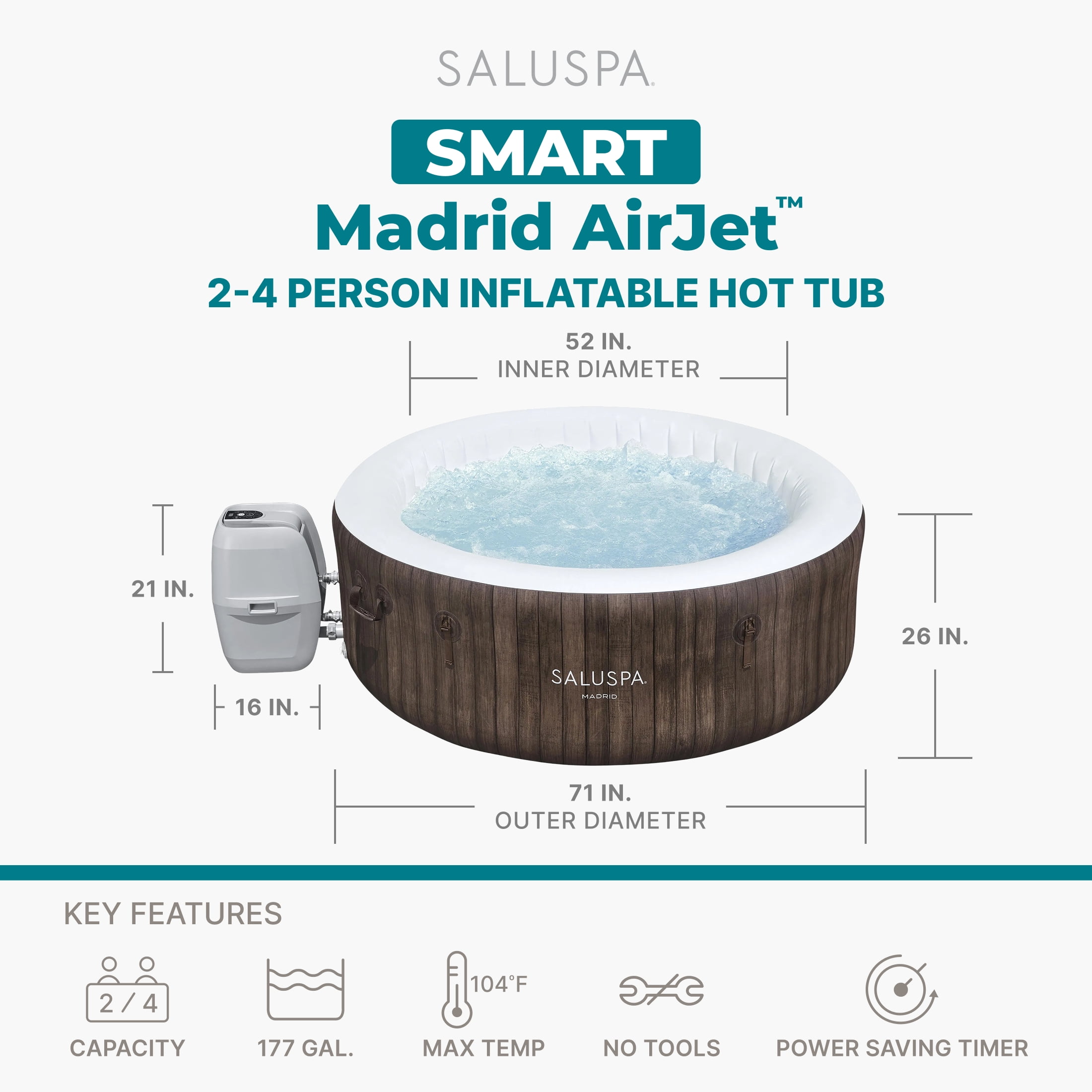SaluSpa® Madrid Smart AirJet Outdoor Round Inflatable Hot Tub with App Control 2-4 Person with Pump #P09144