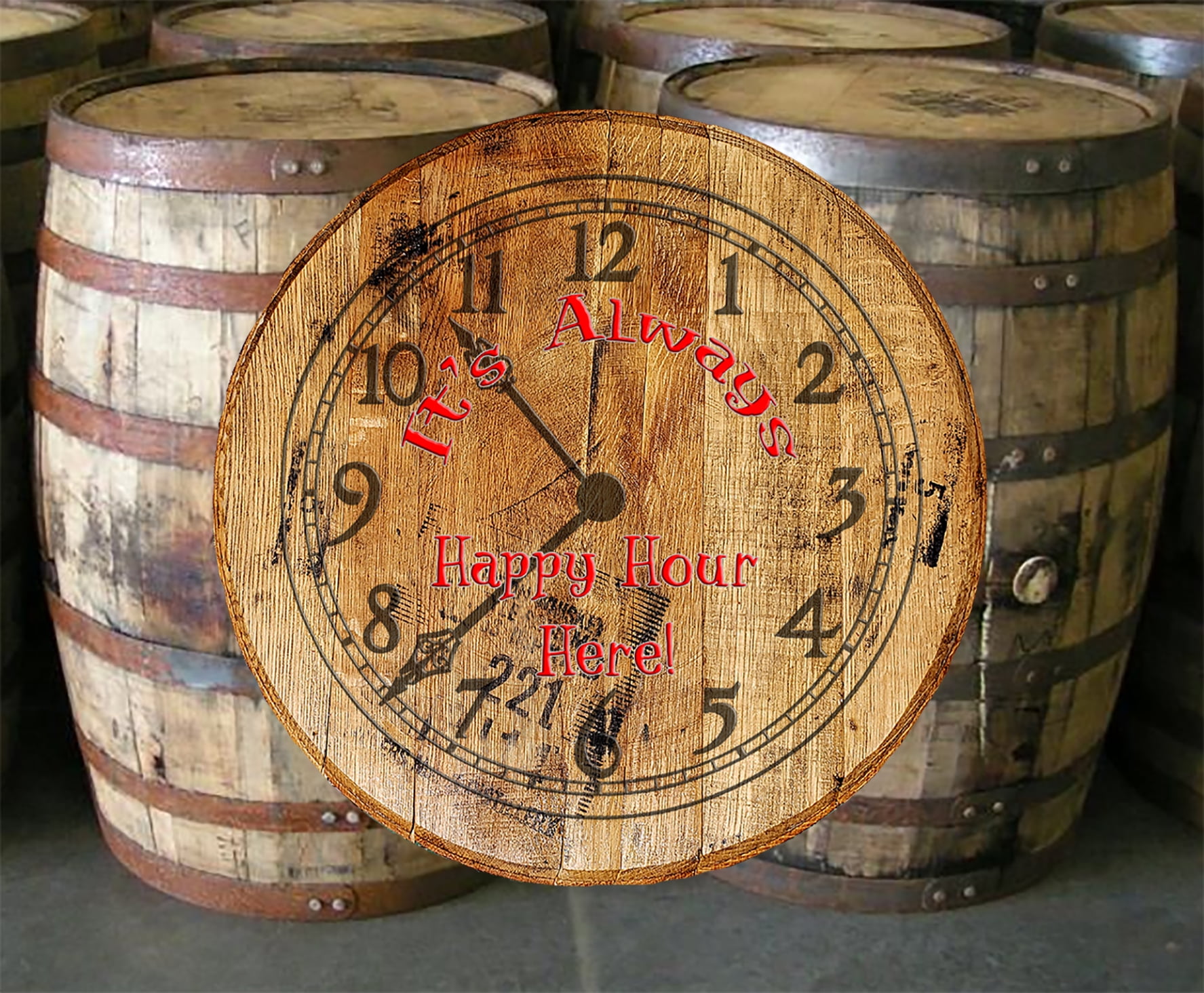 Whiskey Barrel Head Clock Always Happy Hour Bar Sign Home Decor Wall Art