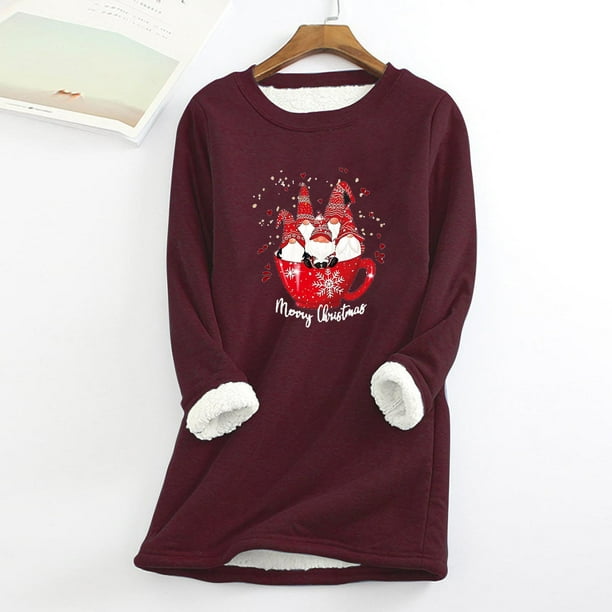 Pntutb Mujeres Sudadera de lana gruesa Manga larga Estampado Terciopelo Cálido Cuello redondo Ropa interior tops Pntutb Pntutb-947