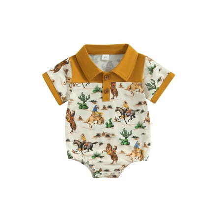 

Licupiee Newborn Baby Boy Jumpsuit Infant Casual Western Cowboy Print Lapel Short Sleeve Button Romper Gentleman Overalls