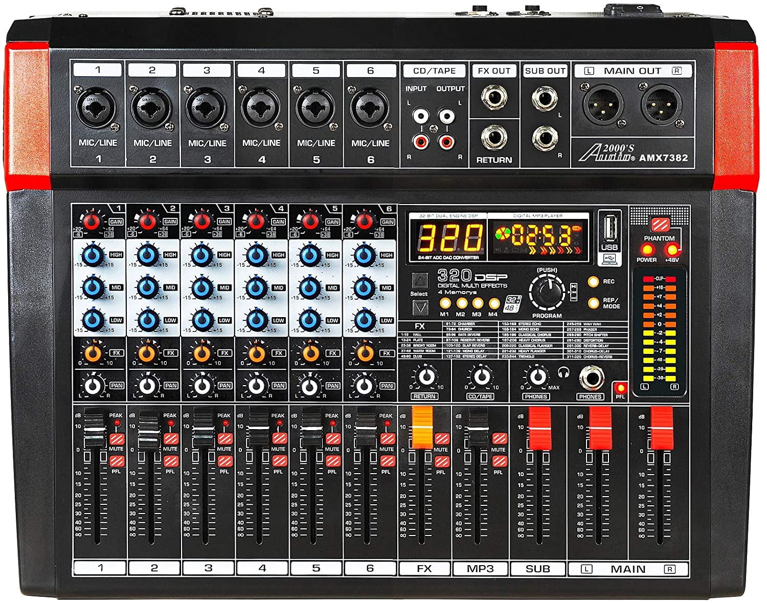 Audio2000'S AMX7382 Six-Channel Powered Audio Mixer with 320 DSP Sound Effects, Stereo Sub Out with Sub-Out Level-Control Fader, Level-Control Faders on All Channels, and USB/Computer Interface-NEW