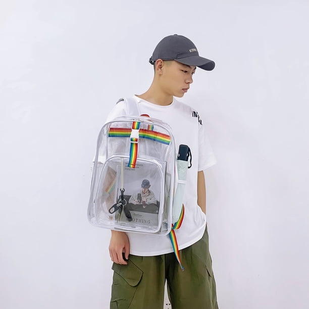 Bolsa Mochila transparente de moda Summer Rainbow See Through PVC Schoolbag (Blanco) Likrtyny Para Estrenar