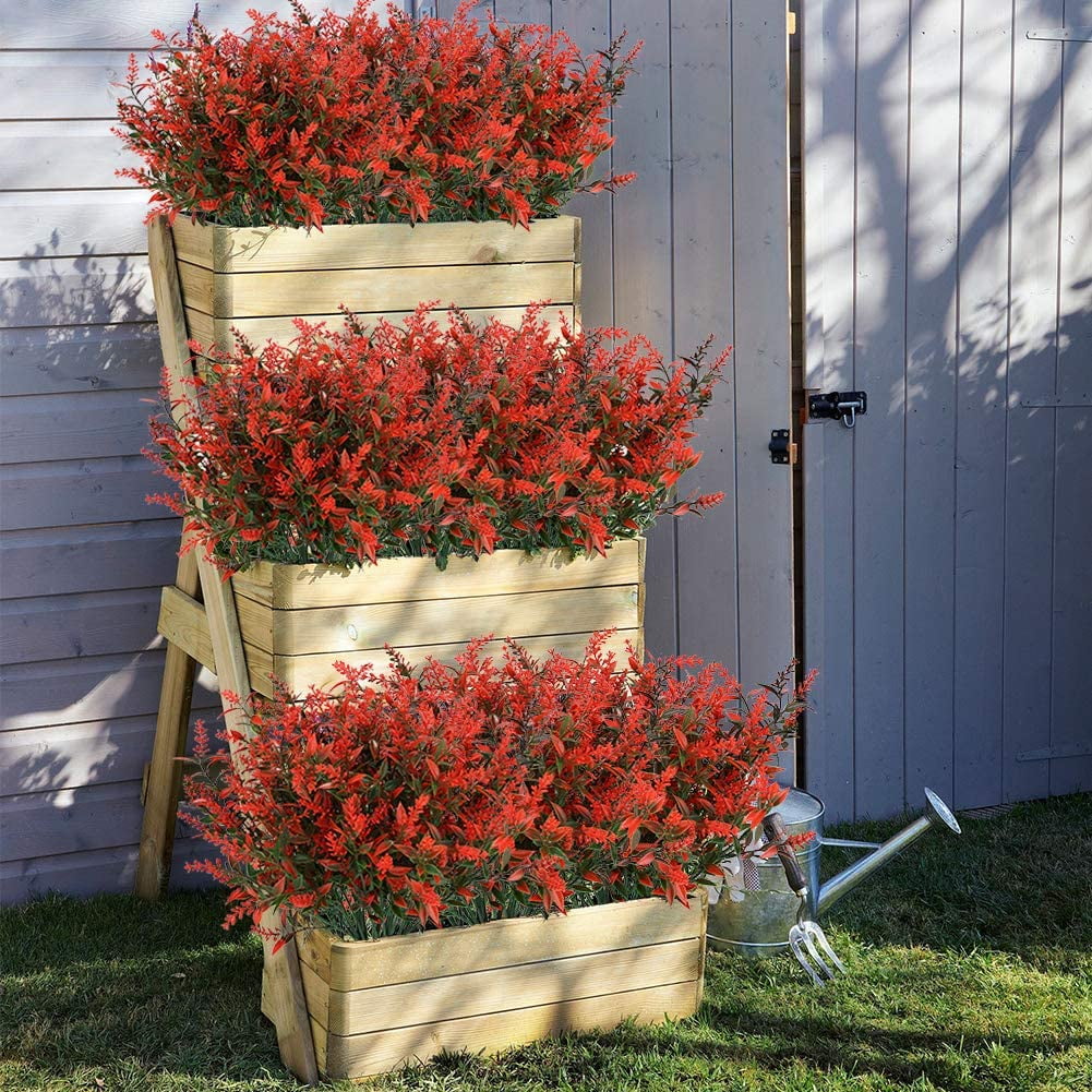 8 Bundles Outdoor Artificial Lavender Fake Flowers UV Resistant Shrubs, Faux Plastic Greenery for Indoor Outside Hanging Plants Garden Porch Window Box Home Wedding Farmhouse Decor (Purple)