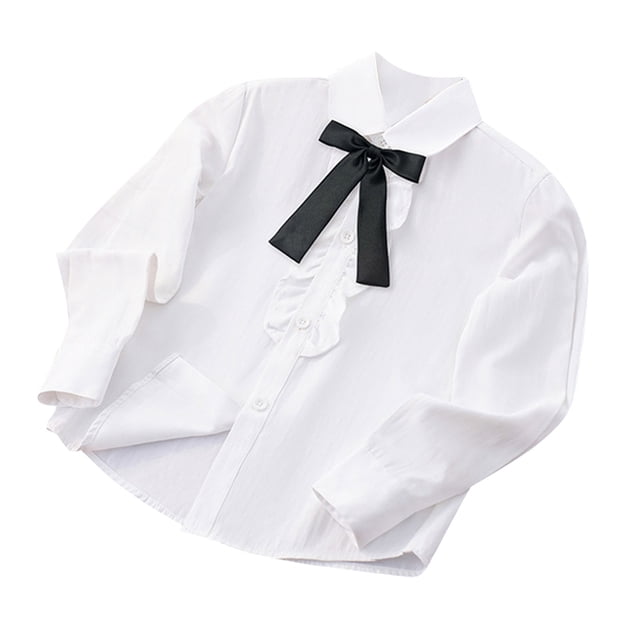 Uniform Shirts for Girls Ruffle Princess Lace Collar Long Sleeve Button Down Bowknot Blouse Black 12-13 Years