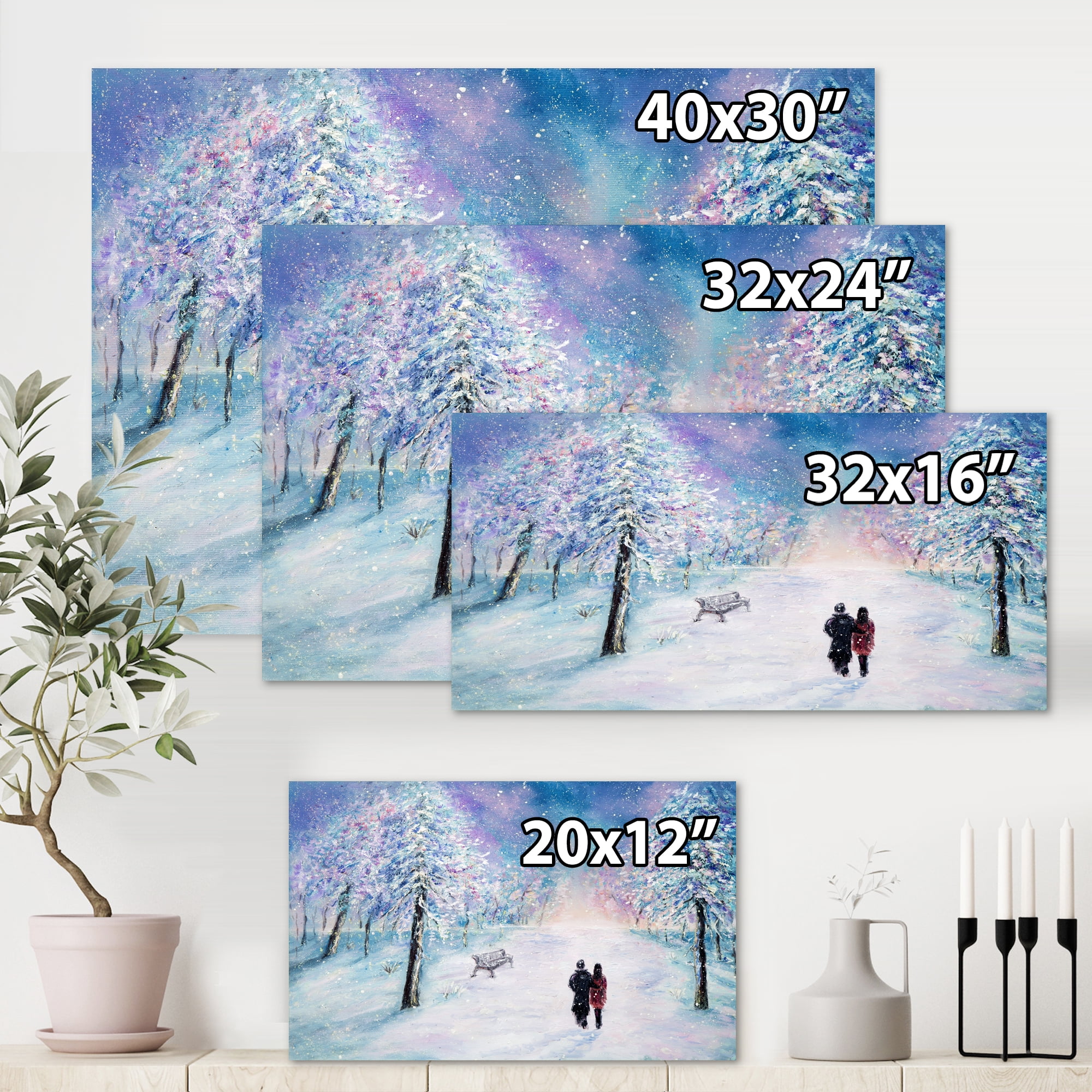 Designart ' Couple In Love Walks During Snowy Winter Times ' Traditional Canvas Wall Art Print