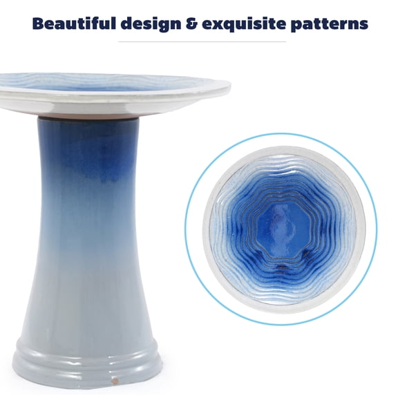 Mdj Pottery Blue Ceramic 18in Tall 17in Wide Pedestal Bird Bath Outdoor Patio Decor