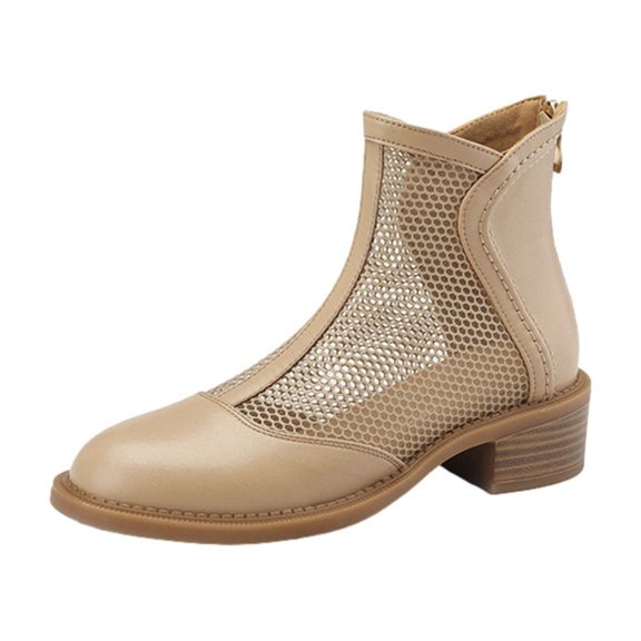 Jsaierl Women's Summer Boots Thick Heel Hollowed Out Thick Heel Shoes Breathable Thin Style Mesh Gauze Boots