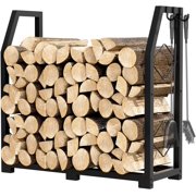 Firewood Rack for Outdoor & Indoor - Heavy Duty Wood Holder with 3 Hanging Hooks - Black Firewood Storage Stand for Patio, Yard, Fireplace