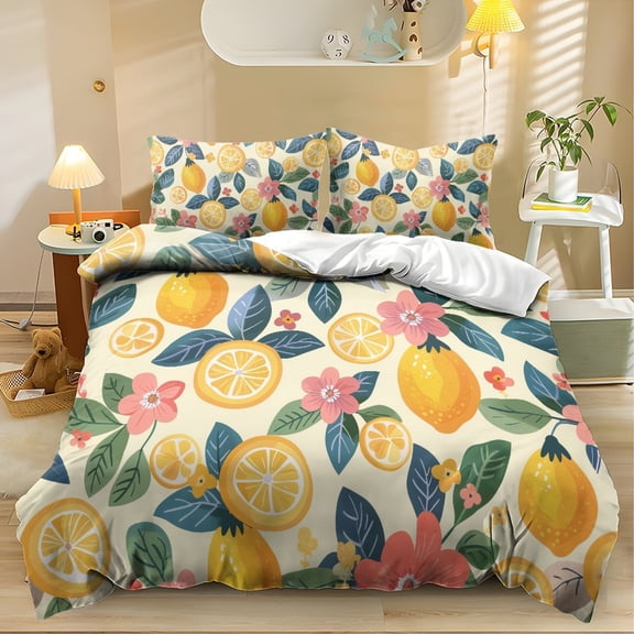 ZIATUBLES Lemon Floral Print Twin Size Duvet Cover Set, 3 Pieces Soft Cozy Bedding, 1 Duvet Cover & 2 Pillowcases, Easy Care Lightweight Bedding for All Season, Chic Modern Decor