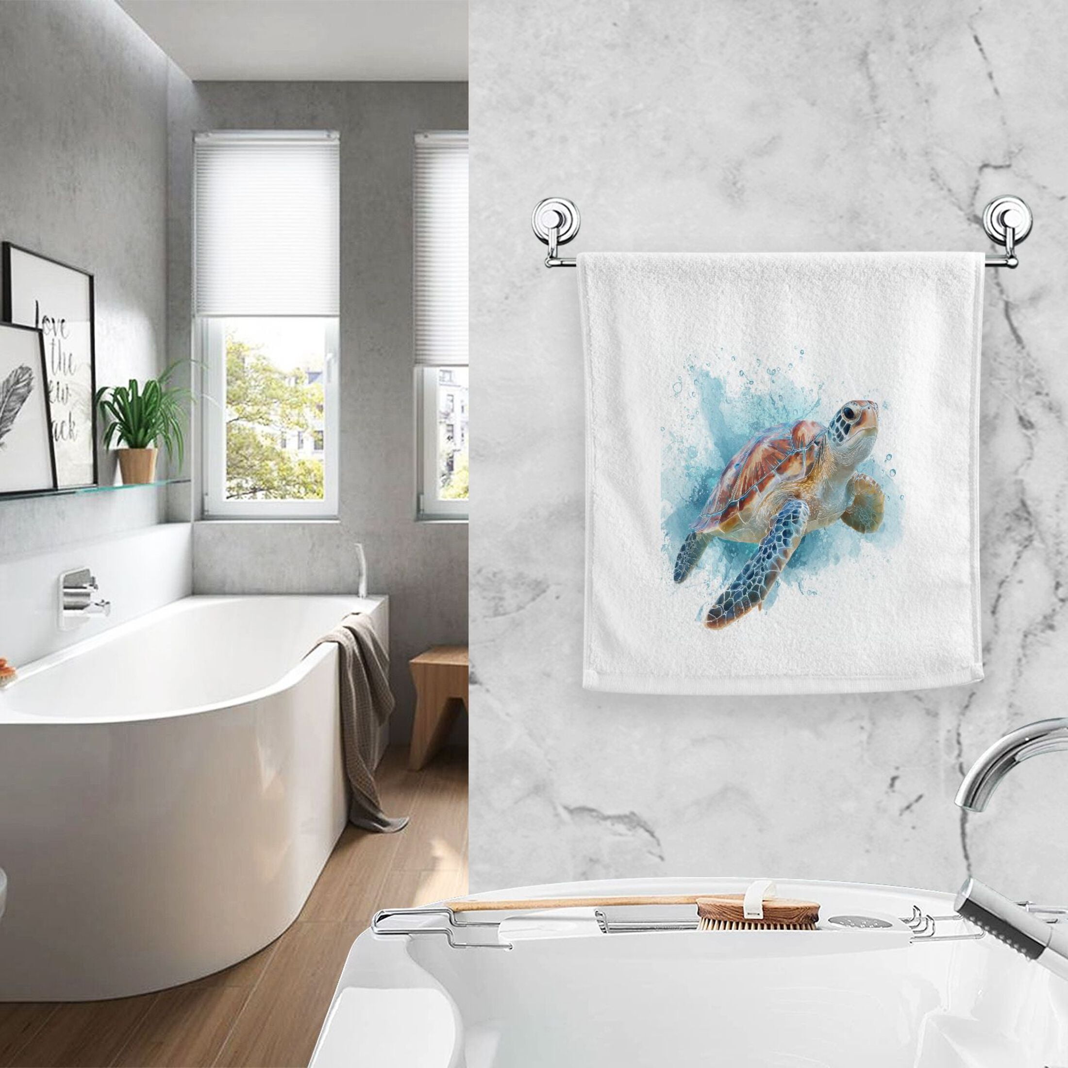 Sea Turtle Swim Watercolor Splash Style Pure Cotton Towels Bath Towel Quick Drying for Bathroom Beach Sports 16" x 30" Set of 2