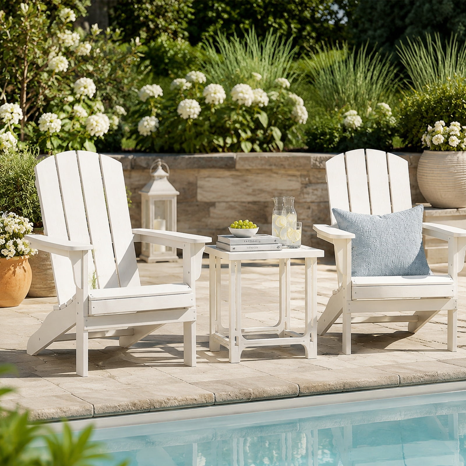 Biotree 18 Inch Adirondack Side Table Outdoor, All-Weather HDPE Patio End Table with Slatted Top and 315 lbs Capacity for Poolside Deck, White