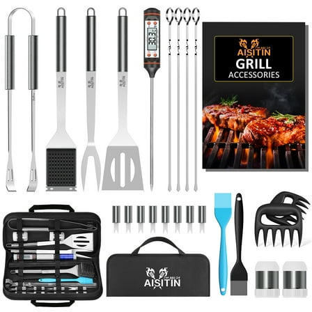 AISITIN 25PCS Grill Accessories, Stainless Steel Grill Set with Spatula, Thermometer and Cleaning Brush, Perfect BBQ Accessories Gift Set for Dad, Durable Grill Tools for Outdoors Camping and BBQ