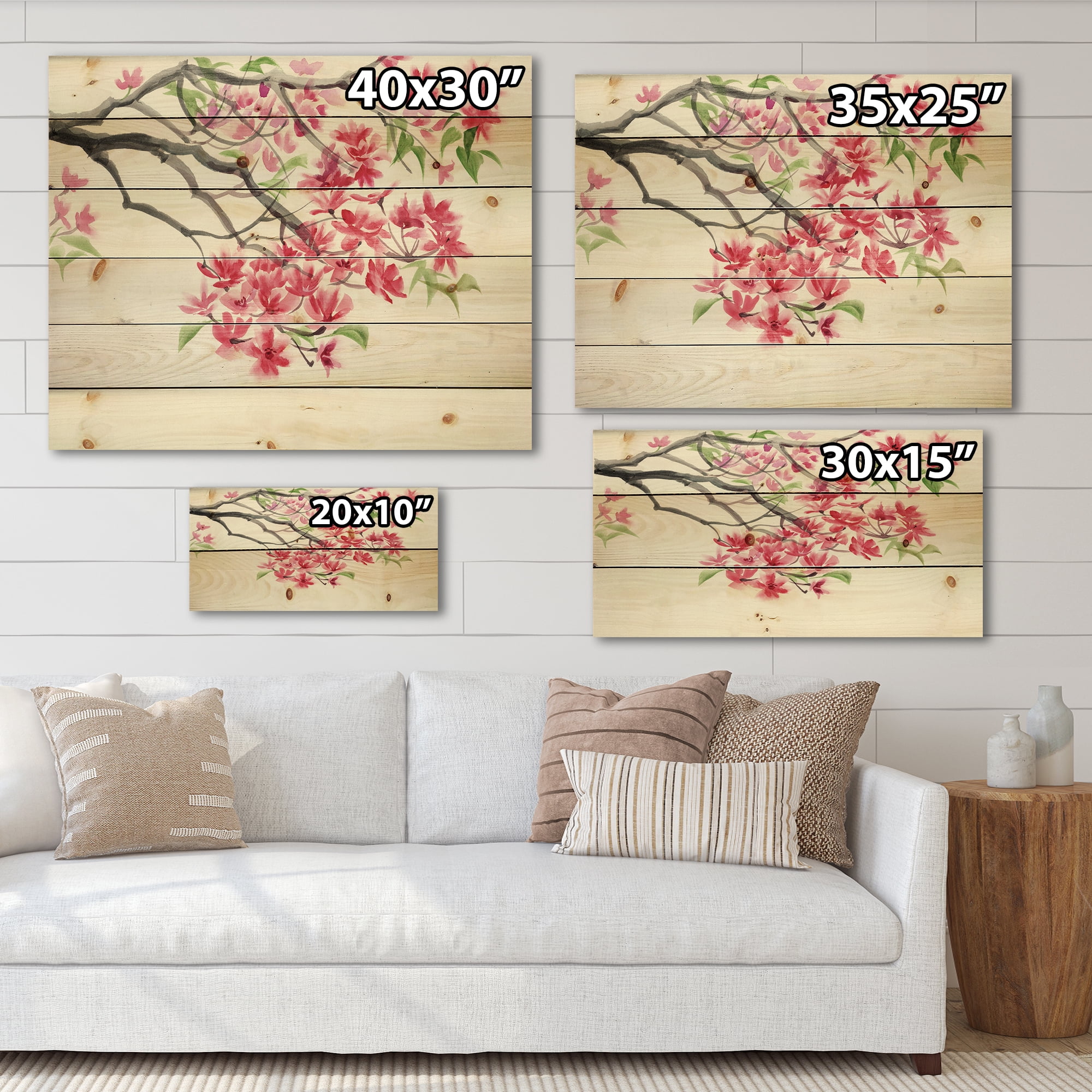 Designart 'Red Blossoming Tree On White' Traditional Print on Natural Pine Wood