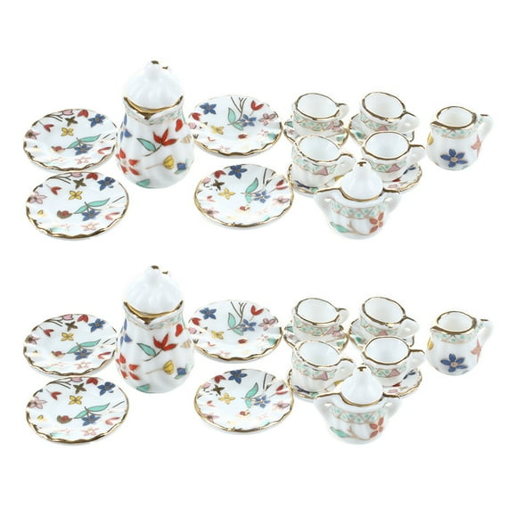 30 Piece Miniature Dollhouse Dinnerware Porcelain Tea Set Tableware Cup Plate Colorful Floral Print