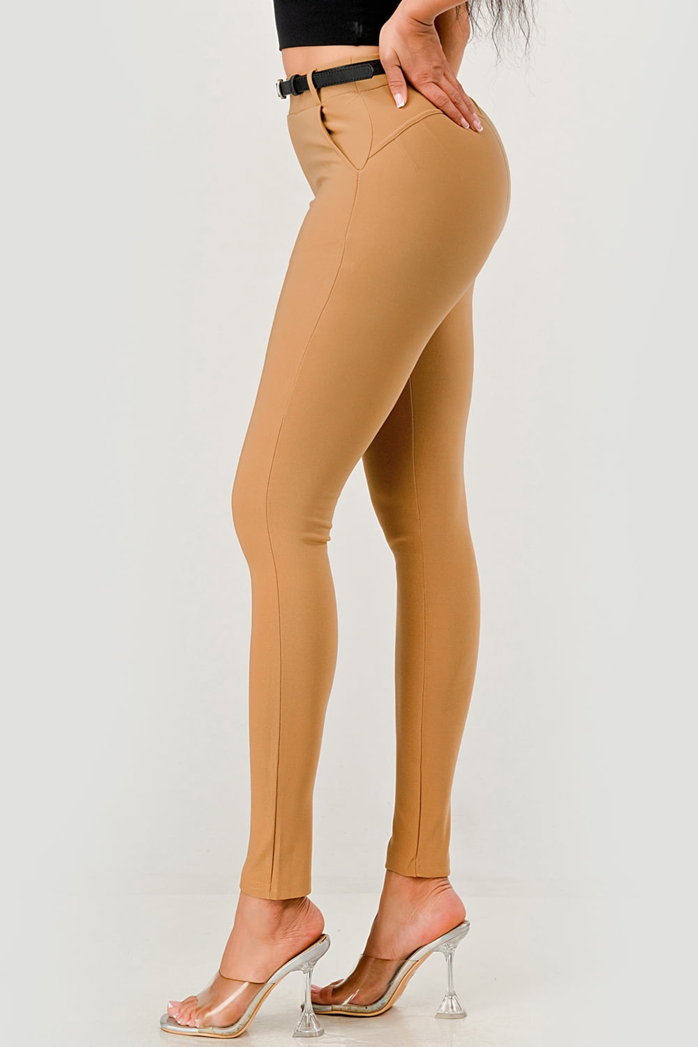 Sculpting Treggings With Faux Leather Belt - Chipmunk