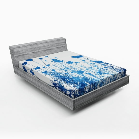 Ambesonne Blue White Fitted Sheet, Wildflowers Blooms, Queen Size, White Blue