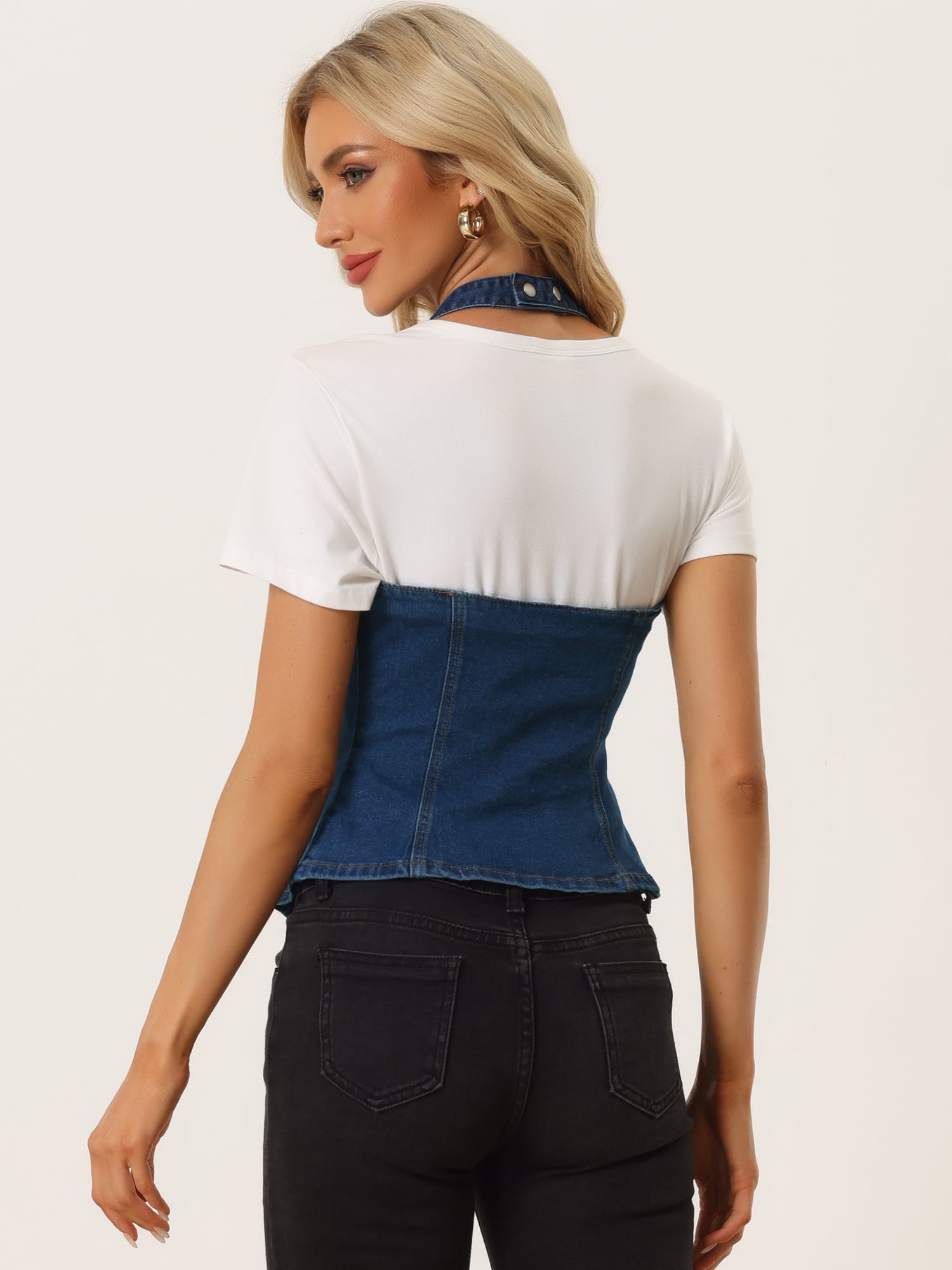 DARING DIVA Women's Halter Neck Button Down Backless Jean Waistcoat L Dark Blue