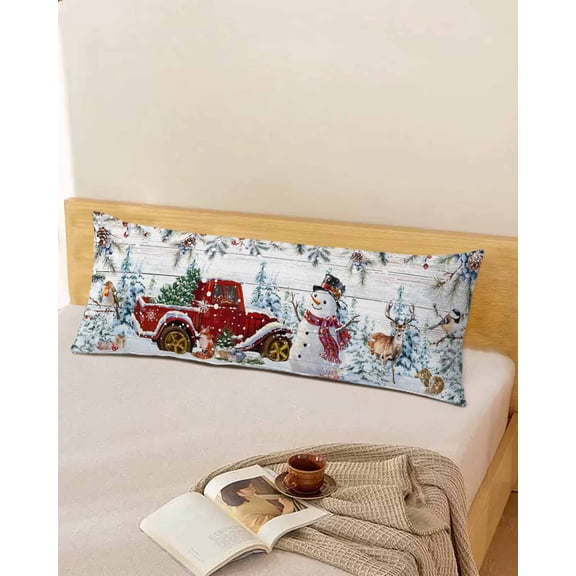 Rustic Christmas Truck Snowman Throw Pillow Cover,Farm Berry Bird Winter Snowy Rectangle Decorative Pillow Case Protector Soft Cushion Cover Lumbar Pillowcase for Couch Sofa Bedroom Decor 20x54 Inch