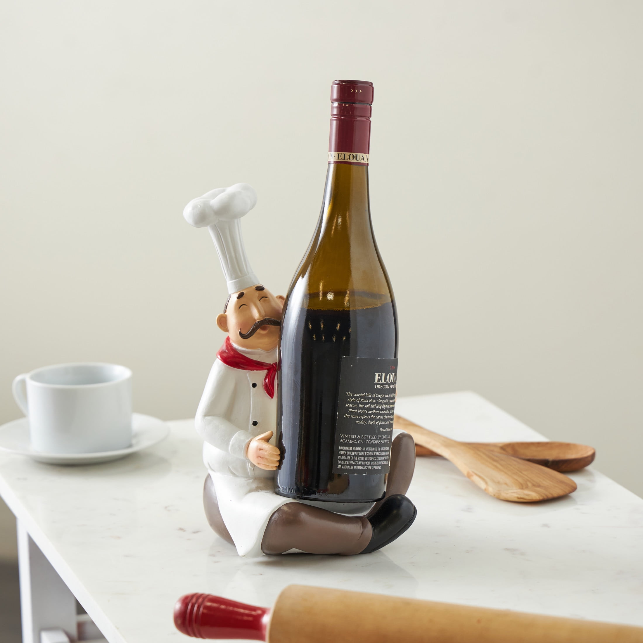 DecMode 6" x 10" White Polystone Kitchen Decorative Figurine Single Bottle Chef Wine Holder, 1-Piece