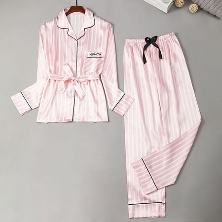 

PIKADINGNIS Women Sleepwear Spring summer Pajamas Set Fake Silk Print Sweet Women Pijama Set Girl Waist Long Pant Silk Pajamas Sets