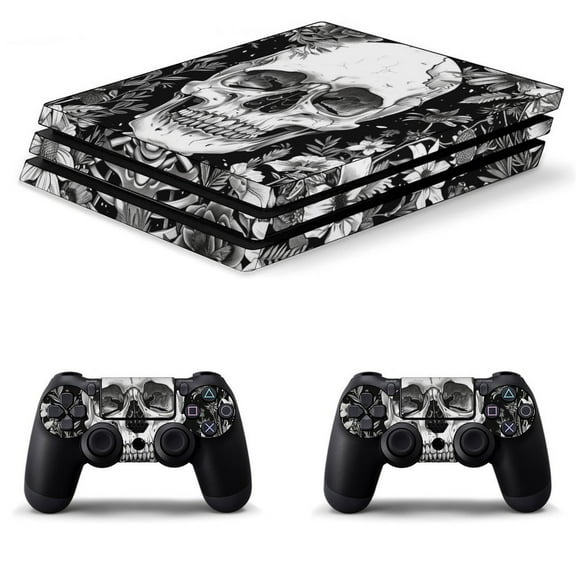 Decal Skin for PS4 Slim / PS4 Pro / PS4, Whole Body Vinyl Sticker Cover for Playstation 4 Console and Controller (Skull Flowers Illustration-2)