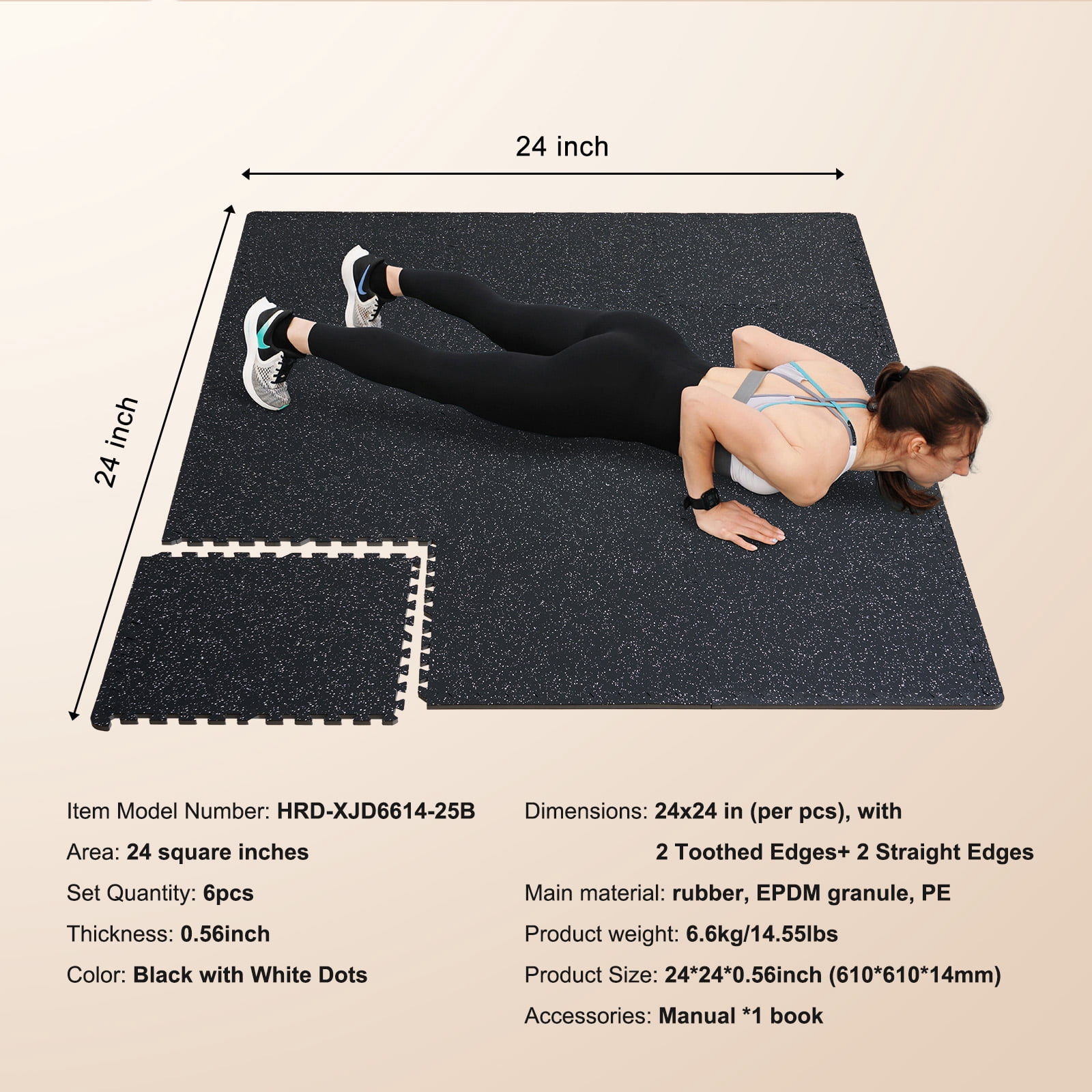 KFFKFF Gym Floor Tiles, 0.56 Inch Thickness, 6 Pieces, Rubber Surface and EVA Foam Core, Each Tile 24" x 24", Total Coverage 24 sq.ft, Connectable Exercise Mats for Home, Garage, Gym, Black & White