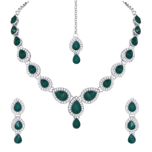 Parshwa Creations Indian Women's Silver Plated Jewelry Choker Set, Rhinestone Crystal Drop Prom Party Accessories Wedding Bride Earrings Necklace Set