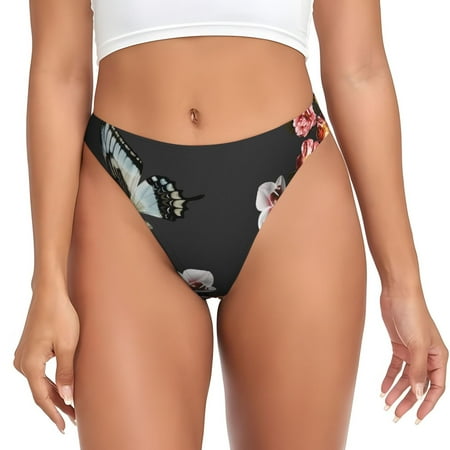 Qokaie Butterfly with Fowers Printed Women s Cotton Thong Underwear  Sexy Breathable Panties G-string -Medium
