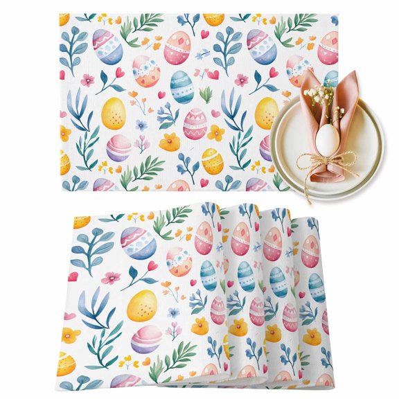 Spring Easter Placemats Set of 6, Yellow Pink Blue Easter Egg Flower Heat Insulated Linen Place Mats, Washable Stain-Proof Table Mats for Dining Tables Holiday Decor 13x19 Inches