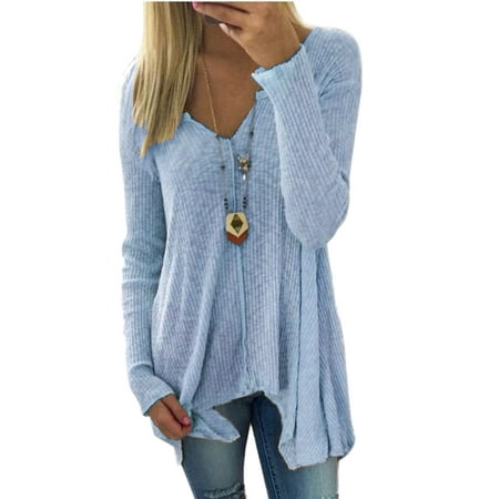 Fashion Women Plus size Casual Loose Long Hem Asymmertrical Irregular Basic T-shirt Pullover Tops Deep V-neck