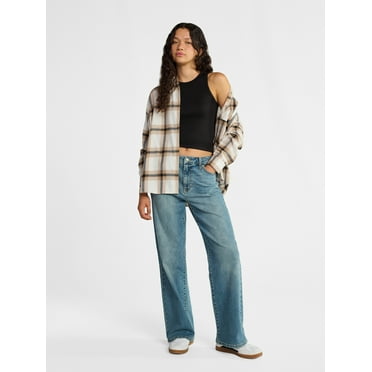 No Boundaries Slouchy Flannel Shirt with Side Pockets, Women's