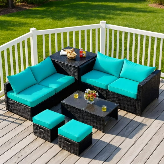 Topcobe 8 Pieces Patio Rattan Storage Table Furniture Set, Outdoor Deck Furniture, Turquoise