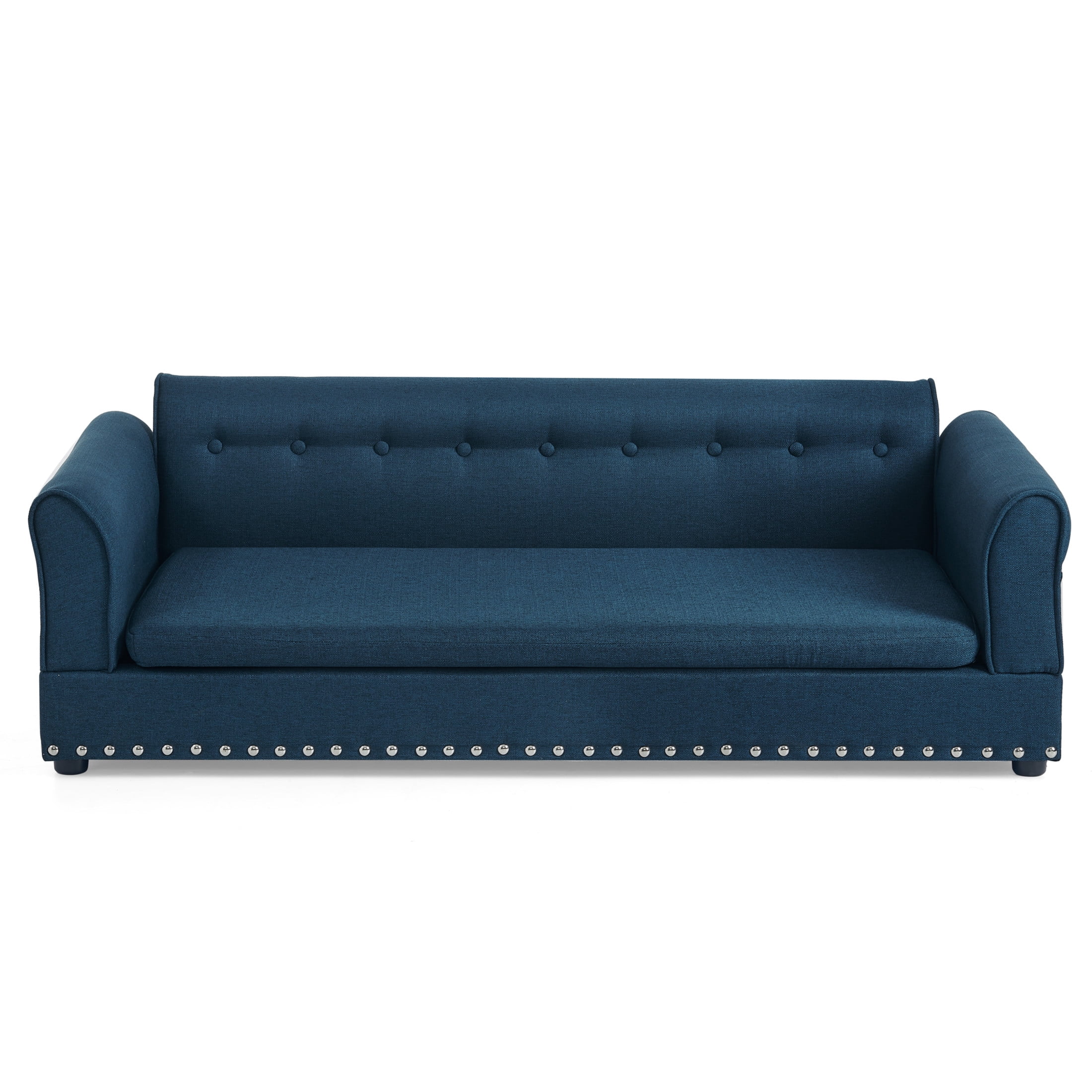 Noble House 55" Comfortable Elevated Pet Sofa, Elegant Oversized Linen Dog Bed with Support Armrests, Dark Blue