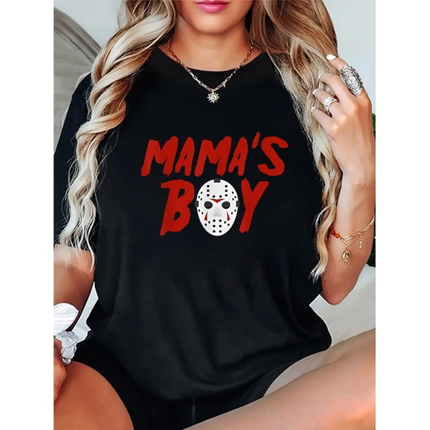 Casual Crew Neck T-Shirt for Women with "Mama's Boy" Geometric Jason Mask Print, Knitted Polyester-Spandex Blend, Medium Stretch Fabric, Fashionable Short Sleeve Tee for All Seasons