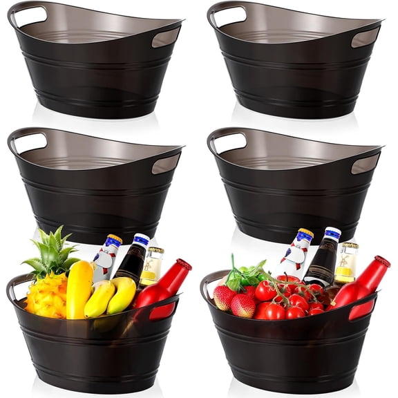 6 Pcs Plastic Ice Buckets Bulk with Handles 4.5L Oval Storage Tub Large Capacity Ice Drink Bucket for Party Bar Wine Beer Champagne Beverage Bottle Cooler (4.5 L,Black)