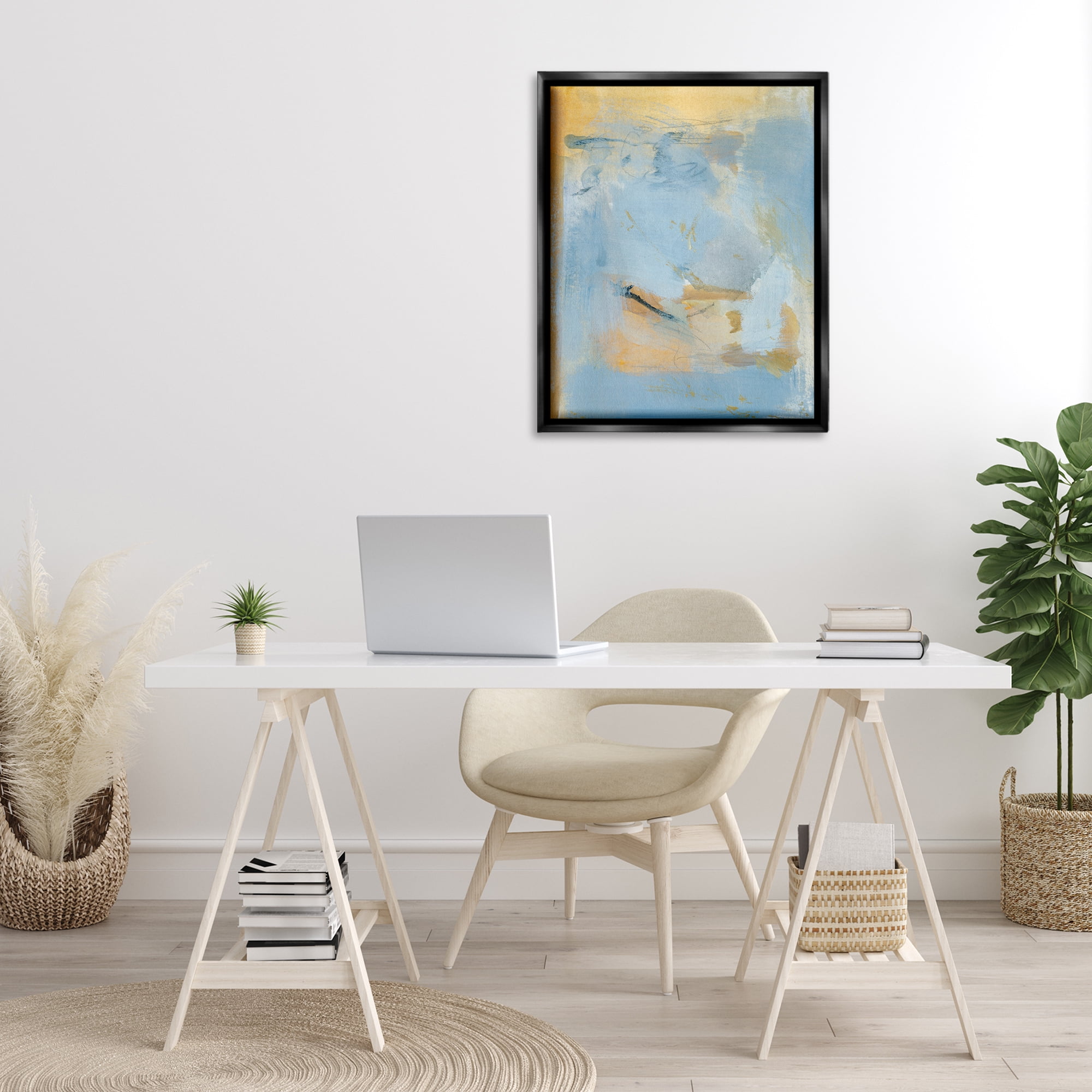 Stupell Industries Blue & Gold Organic Abstract Abstract Painting Black Floater Framed Canvas Art Print Wall Art, 25 x 31