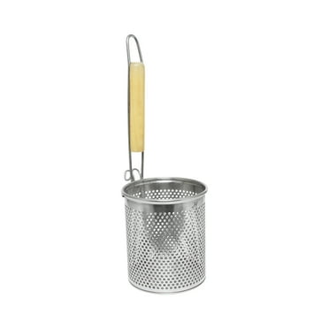 Excellante 5" x 5 1/4" flat bottom noodle skimmer, round, stainless steel w/wood handle, comes in each