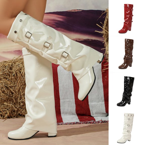 Women's Patent Leather Over The Knee Boots, Multi Buckle Slouch High Heel Boots, Pointed Toe Foldable Shaft Fashion Boots