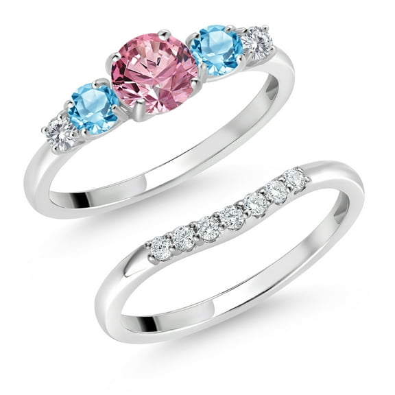 Gem Stone King 10K White Gold Pink and White Lab Grown Diamond Swiss Blue Topaz 5 Stone Bridal Engagement Wedding Ring Set for Women (0.91 Cttw, Round: 5MM and 3MM, Size 5)