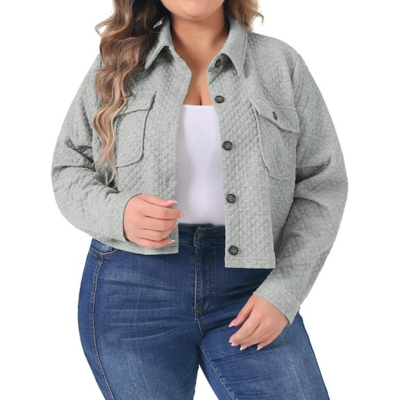 DARING DIVA Plus Size Long Sleeve Cropped Shirt Jacket 1X Gray