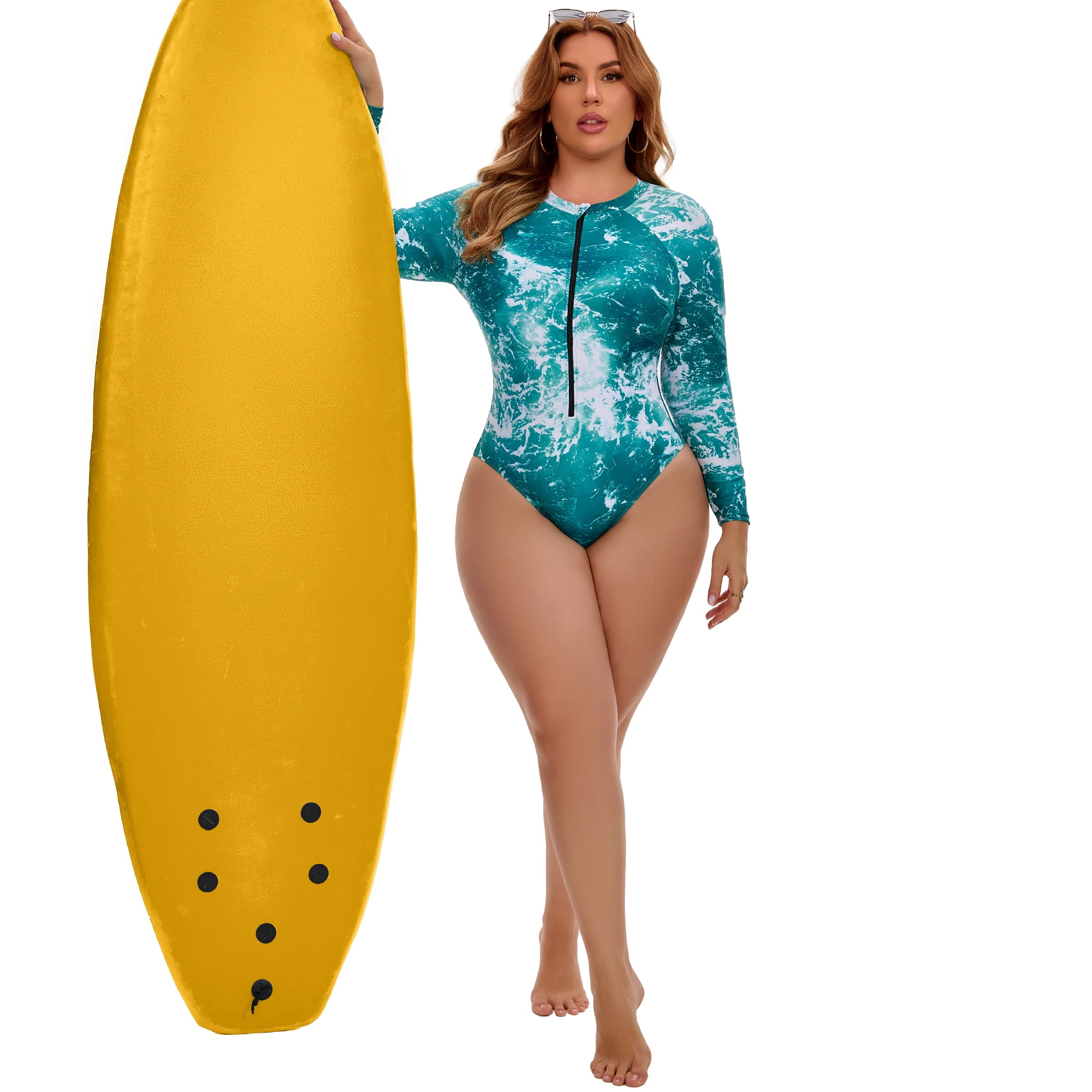 DARING DIVA Women's Plus 1 Piece Surfing Long Sleeve Swimwear 1X Green