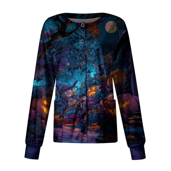 WTOBBY Women's Halloween Printed Nurse Uniform Top Long Sleeve Single Breasted Style - Perfect for Medical Staff and Halloween Costumes with Comfortable Button Closure,Dark Blue L