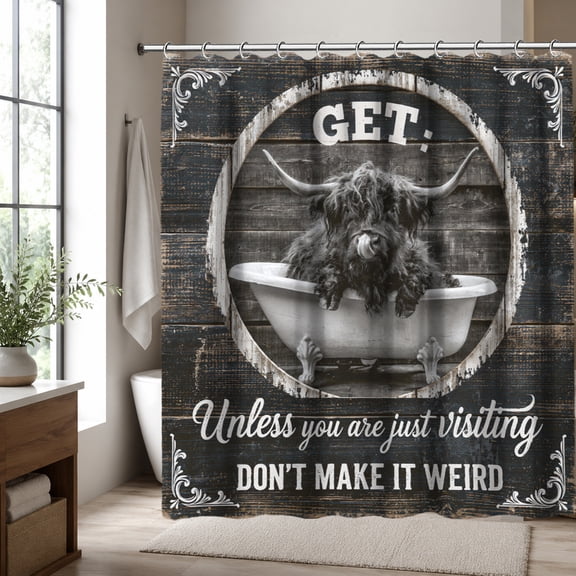 Highland Cow Shower Curtain, Rustic Farmhouse Bathroom Curtain with Funny Cow Bathtub Quote Design, Country Western Animal Decor, Waterproof Fabric Shower Curtain, 70.87 x 70.87 Inch