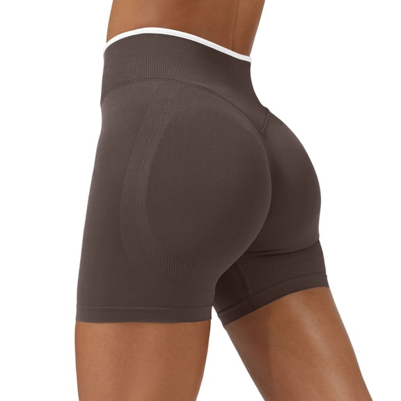 Dresfit Gym Shorts for Women Tummy Control Elastic High Waisted Biker Shorts Ribbed Plus Size Yoga Shorts with Pockets High Rise Seamless Leggings Light Brown L