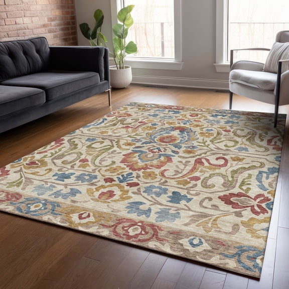 Addison Rugs Chantille Indoor/Outdoor Transitional Floral Beige Machine Washable Rectangle Rug, 10' x 14'