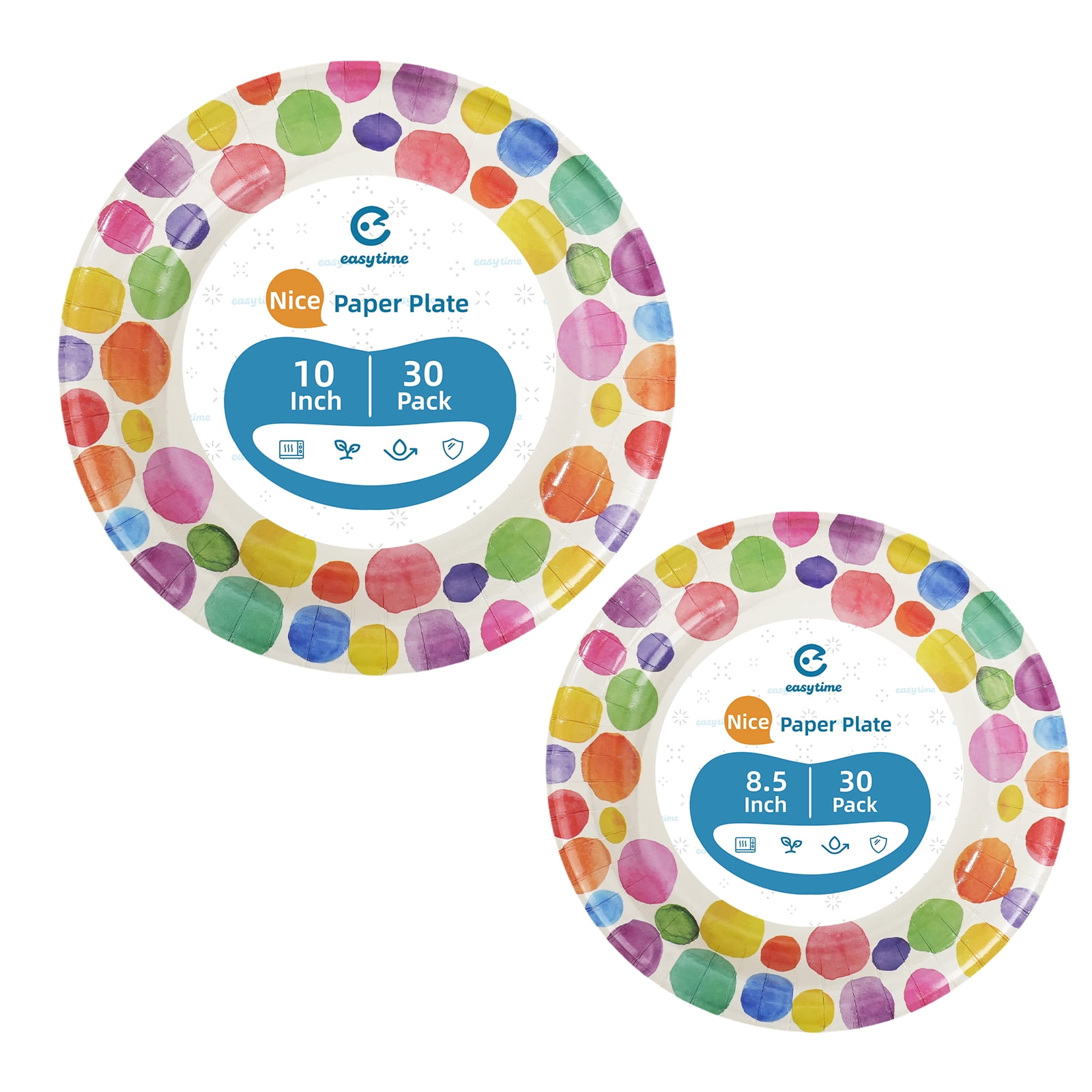 60 Pcs Paper Plates Sets Disposable, 30 Pcs 8.5inch Plates and 30 Pcs 10inch Plates, Compostable Round Multi Color Plates for Party, Valentine's Day, Microwaveable Plates for Dinner and Everyday Use