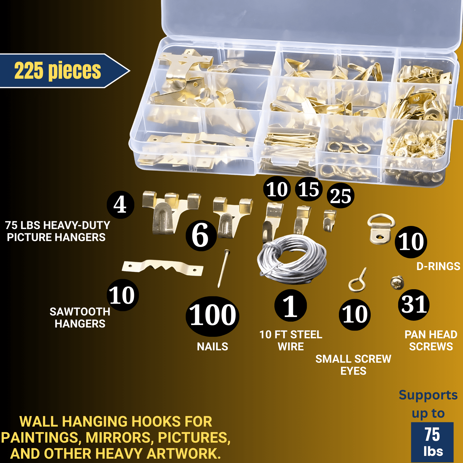 Picture Hanging Kit Tool 225-Piece – Easy Level Ruler, 2 Hammers & More – Perfect for Any Wall!